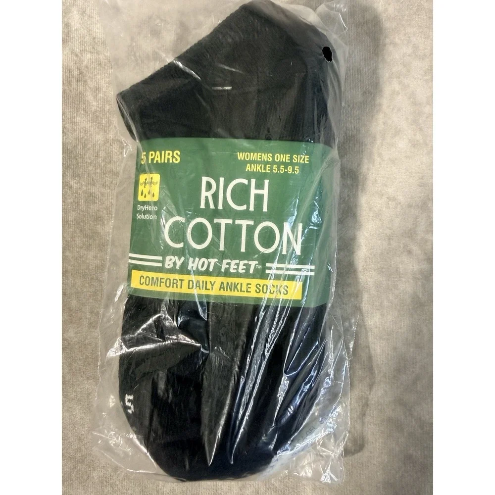 Hot Feet Ankle Socks Womens OS Black NEW 5 Pairs Rich Cotton Moisture Wicking